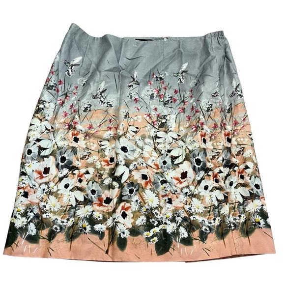 Talbots A-Line Skirt Floral Hummingbird Design Silver Peach Elastic Plus Size 18 - Picture 1 of 7